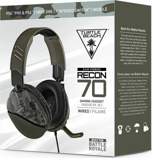 Pudełko z zestawem słuchawkowym i zdjęciem. Zawiera zestaw słuchawkowy gamingowy camo.