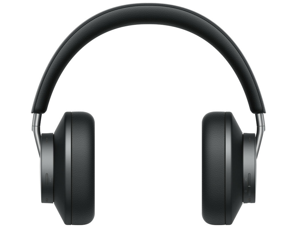 Czarne słuchawki, widok z przodu, z elementami sterującymi po obu stronach, na białym tle.