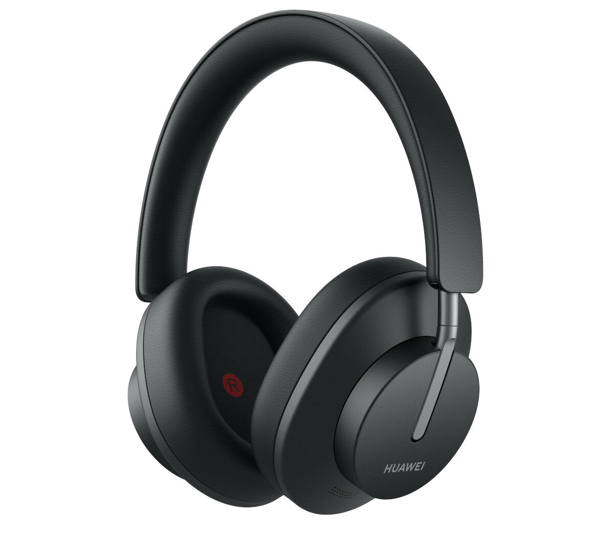 Czarne słuchawki nauszne Huawei. Po prawej stronie litera R.