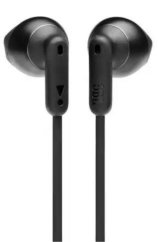 Czarne słuchawki douszne z logo JBL na białym tle.