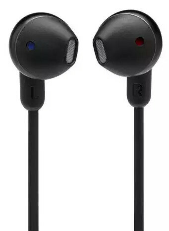 Zbliżenie czarnych słuchawek dousznych. Jeden ma niebieski znak, drugi czerwony.