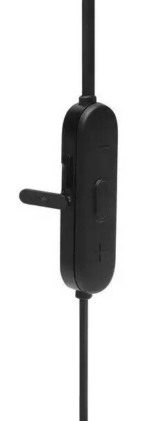 Czarny pilot inline z suwakiem i przyciskami, przymocowany do czarnego kabla.