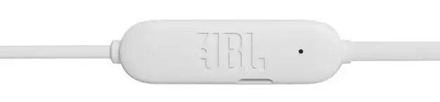 Białe sterowanie w linii kabla zestawu słuchawkowego z logo JBL.