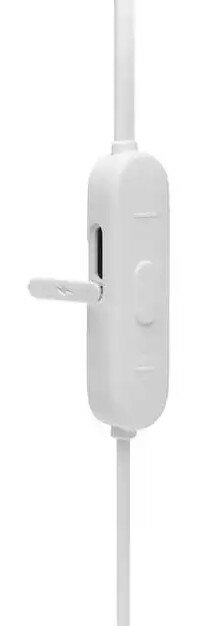 Biały kabel do zestawu słuchawkowego z modułem sterowania. Moduł ma przełącznik i przycisk.