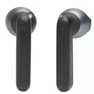 Dwa czarne bezprzewodowe słuchawki z metalicznym wykończeniem, widok z boku, pokazujący kształt.