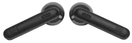 Para czarnych bezprzewodowych słuchawek JBL z długimi szypułkami, na białym tle.