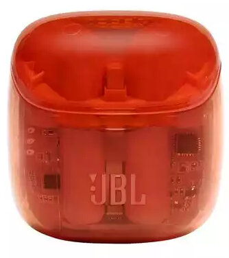 Bezprzewodowe słuchawki JBL w przezroczystym pomarańczowym etui ładującym.