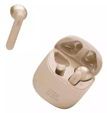 Złote słuchawki douszne z etui ładującym. Etui również złote, z logo JBL.