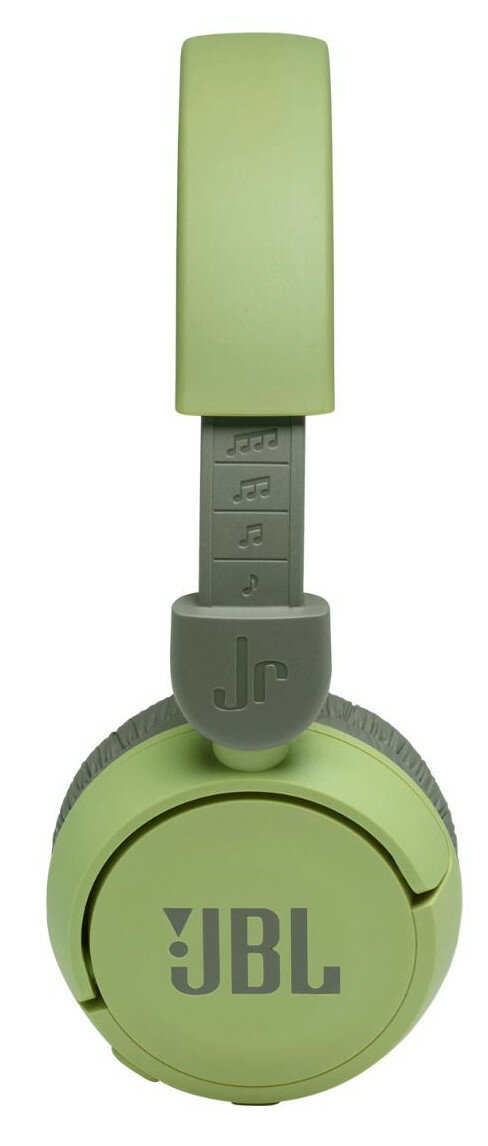 Zielone słuchawki JBL. Słuchawki mają zieloną muszlę i szary pałąk. Logo JBL na muszli.