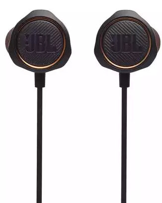 Czarne słuchawki JBL, złote akcenty, czarne przewody. Białe tło.