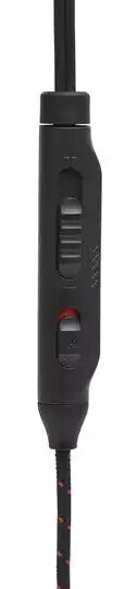 Czarny kabel z regulacją głośności i czerwonym akcentem, zbliżenie.
