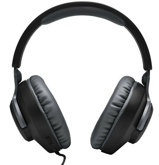 Czarne słuchawki z szarym pałąkiem i nausznikami, widok z przodu na białym tle.