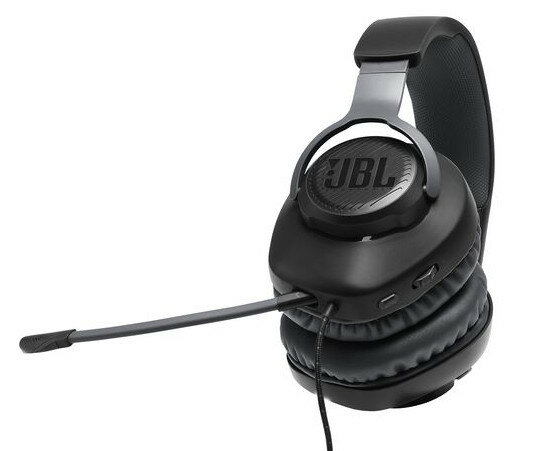 Czarny zestaw słuchawkowy z mikrofonem. Logo JBL widoczne na nauszniku.