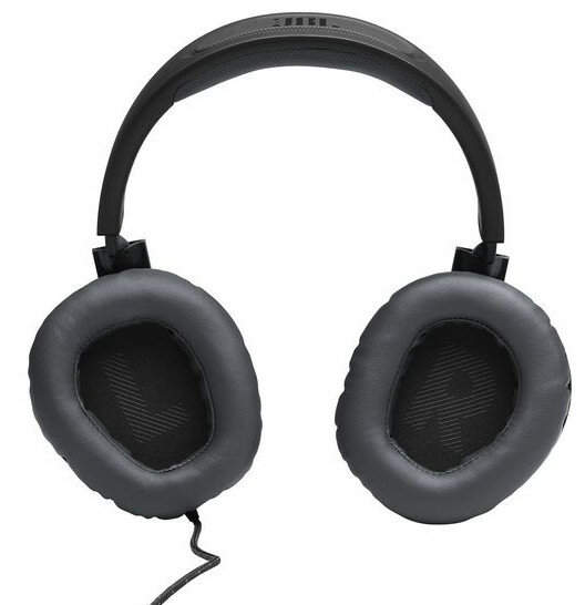 Czarne słuchawki, widok z góry, z podłączonym kablem.