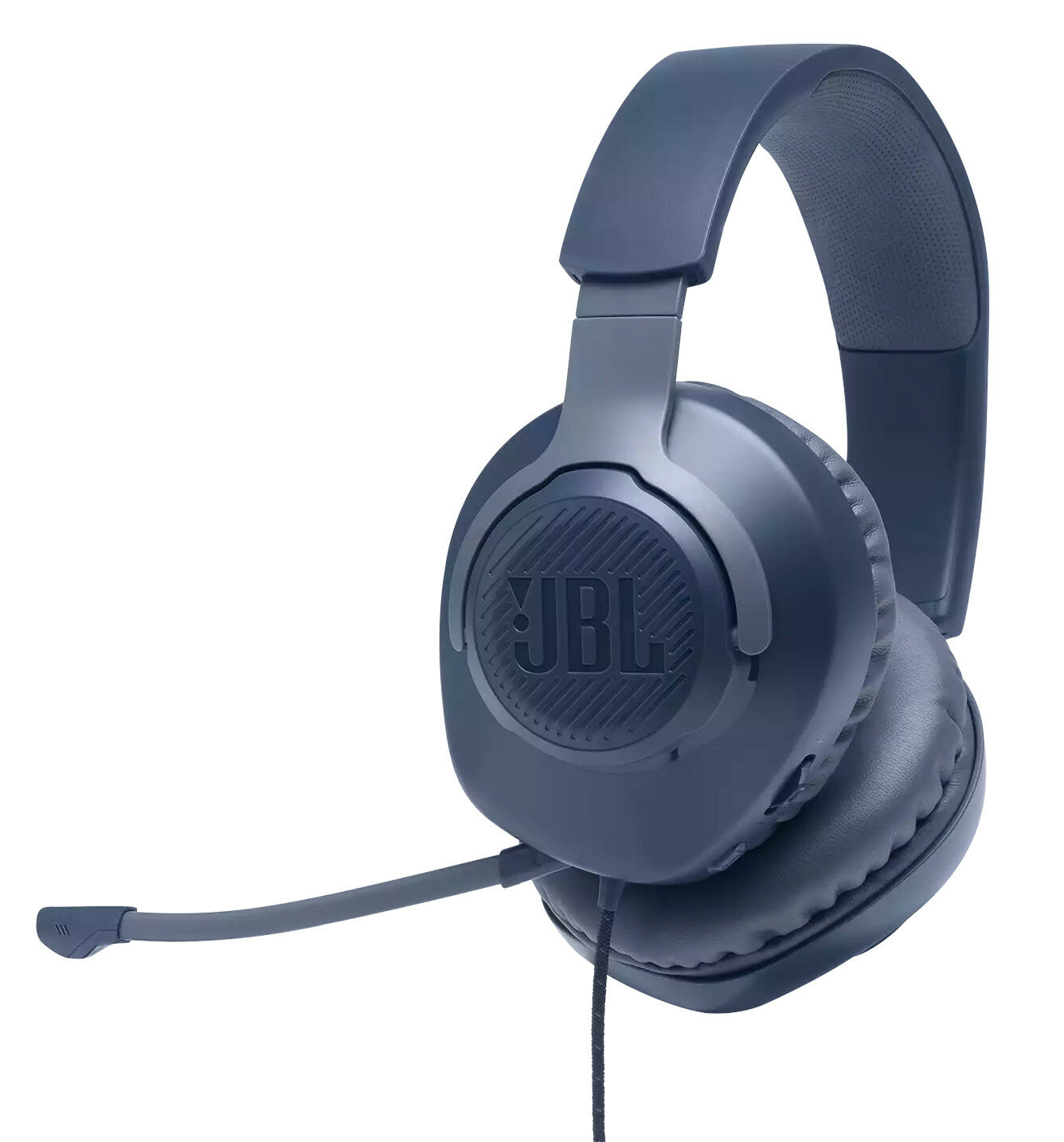 Niebieski zestaw słuchawkowy dla graczy JBL z mikrofonem na białym tle.