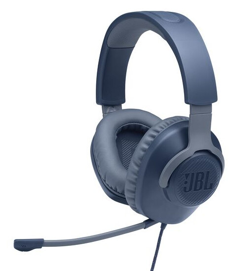 Niebieski i szary zestaw słuchawkowy JBL z dołączonym mikrofonem.