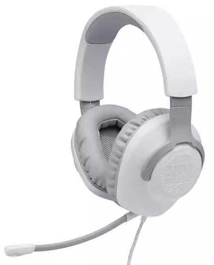 Biało-szary zestaw słuchawkowy JBL z mikrofonem. Zestaw słuchawkowy jest ustawiony pod kątem.