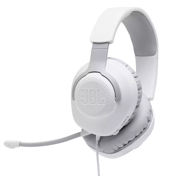 Białe słuchawki JBL z mikrofonem. Nauszniki są białe z logo JBL.
