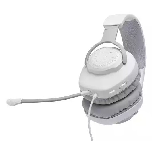 Biało-szary zestaw słuchawkowy do gier z mikrofonem rozciągającym się w lewo.