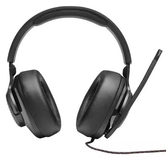 Czarny zestaw słuchawkowy do gier, z mikrofonem, na białym tle.