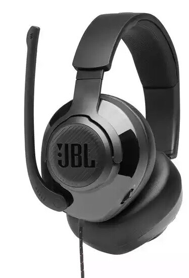 Czarne słuchawki JBL z dołączonym mikrofonem.
