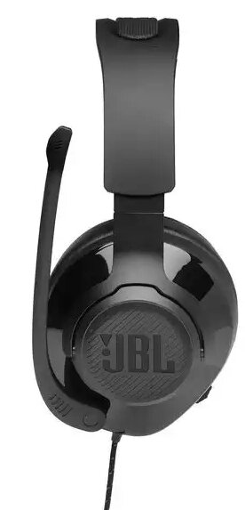 Czarny zestaw słuchawkowy JBL do gier z mikrofonem. Zestaw ma czarną opaskę i nauszniki.