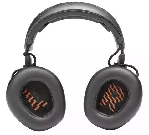 Czarne słuchawki JBL, z pomarańczowymi elementami na nausznikach i pałąku.