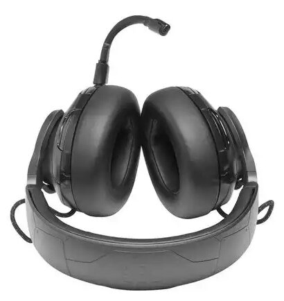 Czarne słuchawki gamingowe z mikrofonem, widok z góry.