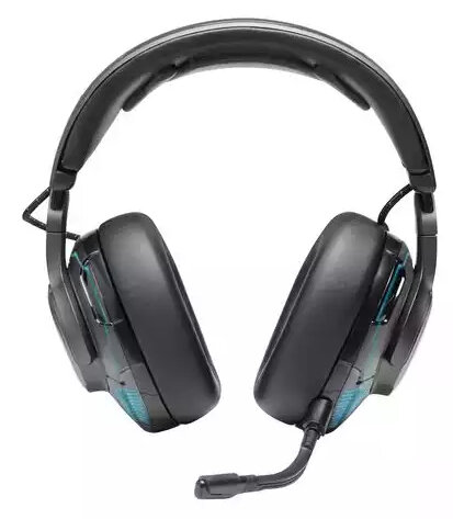 Czarne słuchawki z mikrofonem. Nauszniki są duże i w stylu surround.