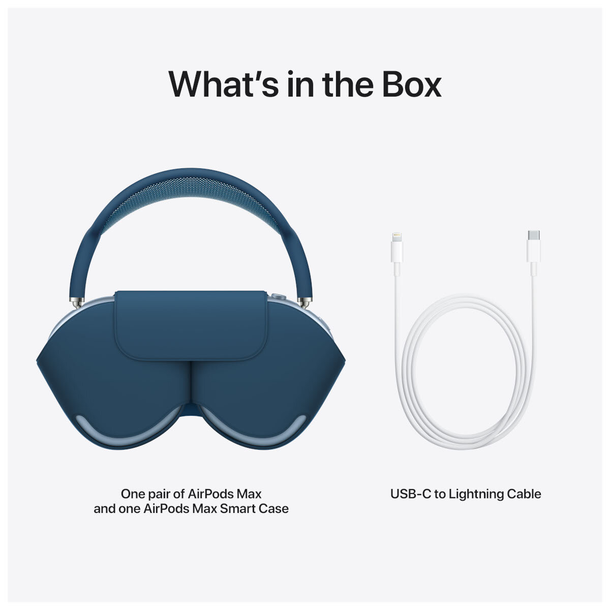 Zawartość pudełka: Niebieskie słuchawki AirPods Max i biały kabel USB-C do Lightning.