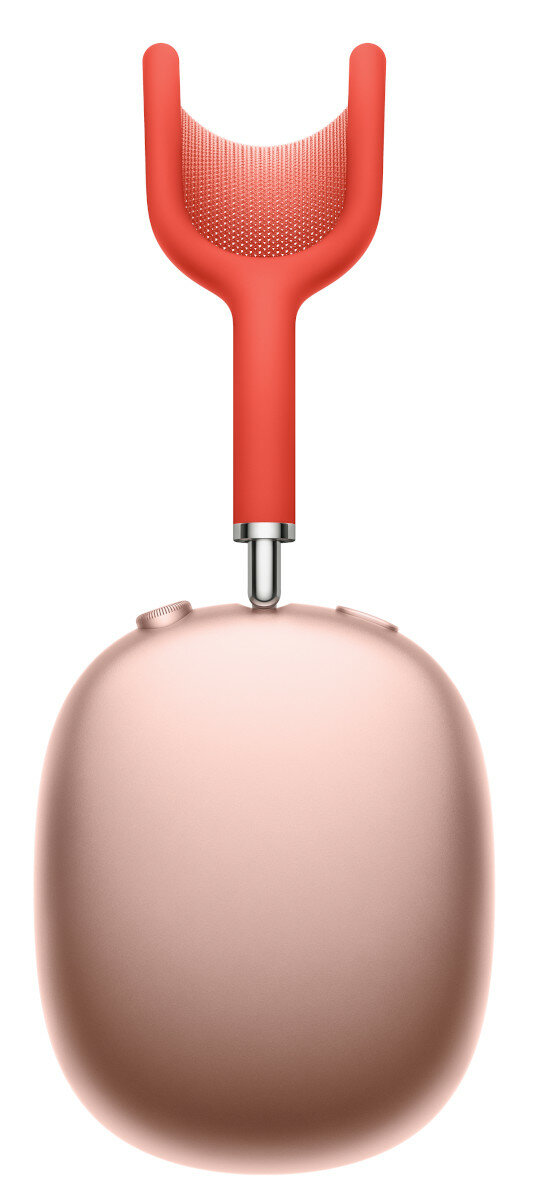 Różowe i czerwone słuchawki, pokazujące nauszniki i pałąk. Góra jest czerwona.