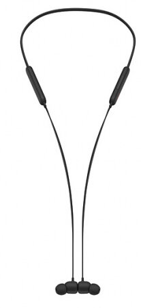 Czarne bezprzewodowe słuchawki, z pałąkiem na szyję i wkładkami dousznymi, na białym tle.