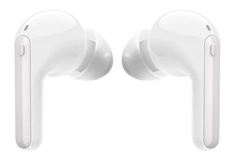 Dwa białe słuchawki LG na białym tle. Mają elegancki, zaokrąglony kształt.