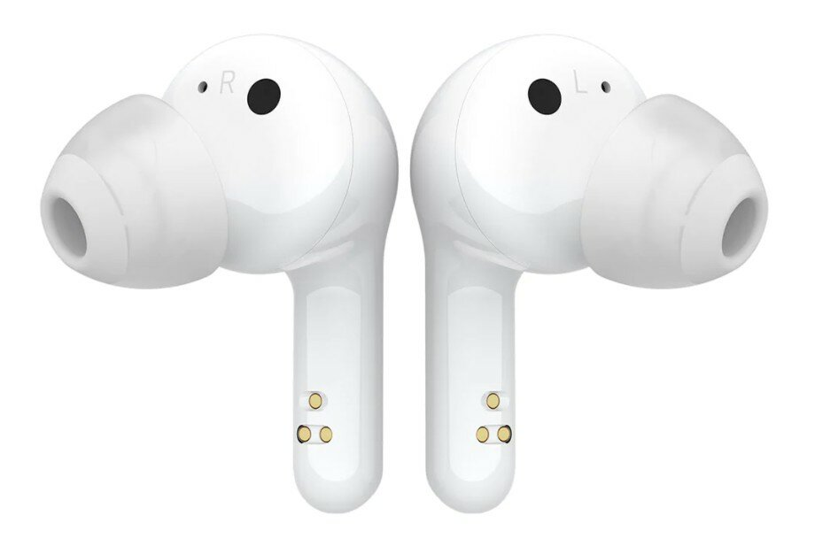 Białe słuchawki douszne, zbliżenie, z oznaczeniami 'L' i 'R'.