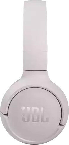 Zbliżenie jasnofioletowych słuchawek z logo JBL, widok z góry.