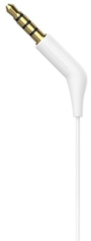 Białe, przewodowe gniazdo słuchawkowe ze złotą końcówką.