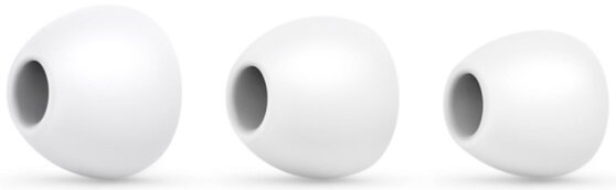 Trzy białe, zaokrąglone końcówki douszne, każda z otworem, na białym tle.