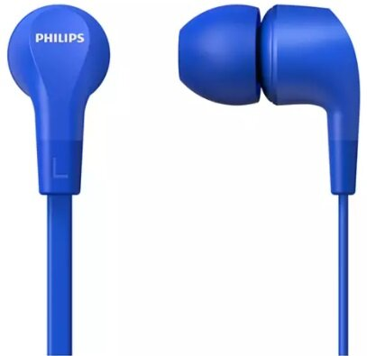 Niebieskie słuchawki douszne Philips. Słuchawki są jasnoniebieskie, o prostym designie.