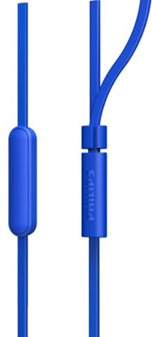 Niebieskie słuchawki douszne z kontrolerem i logo 'PHILIPS'.