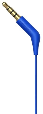 Niebieski i złoty wtyk audio i kabel. Marka Philips. Białe tło.