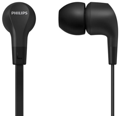 Czarne słuchawki Philips o prostym designie, z czarnym kablem i białym tłem.