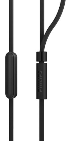 Dwa czarne kable słuchawkowe z małym modułem sterowania i oznaczeniem marki Philips.