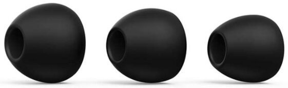 Trzy czarne, kątowe końcówki douszne. Kształt jest owalny i są miękkie.