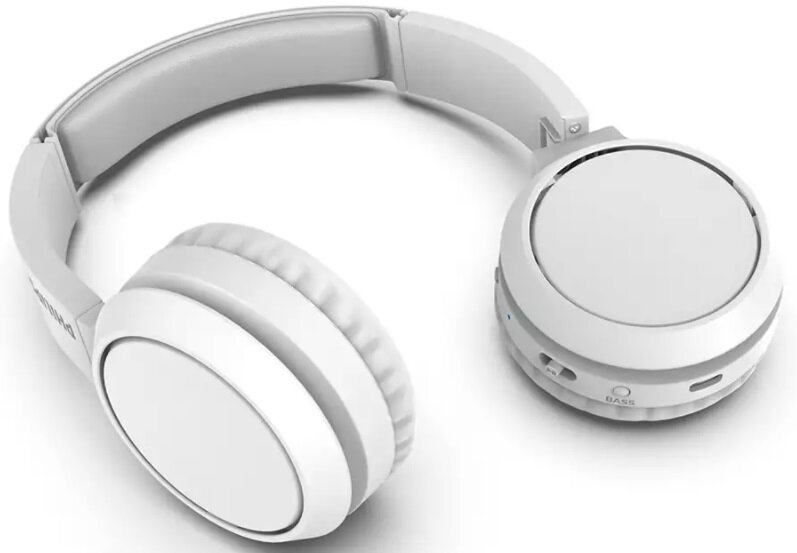 Białe słuchawki nauszne, z przyciskami i funkcją basów.