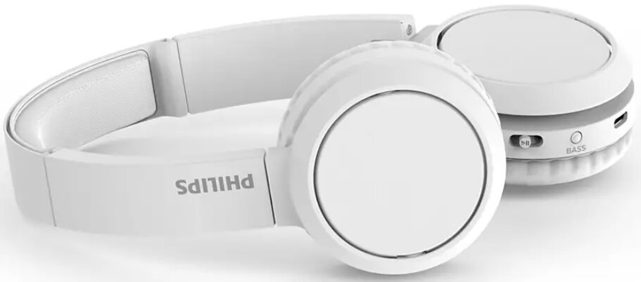 Białe słuchawki Philips, pokazujące nauszniki i pałąk z logo Philips.