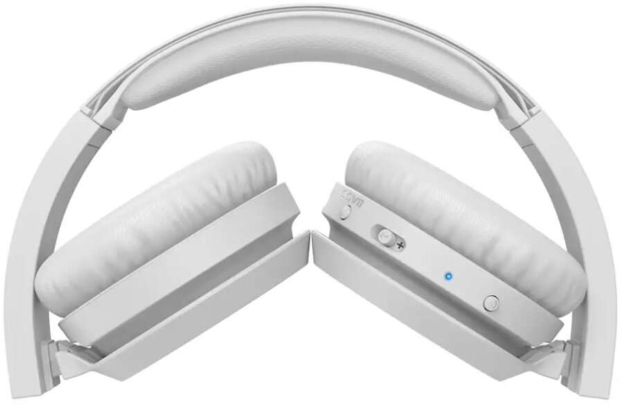 Białe składane słuchawki, pokazujące nauszniki i pałąk.