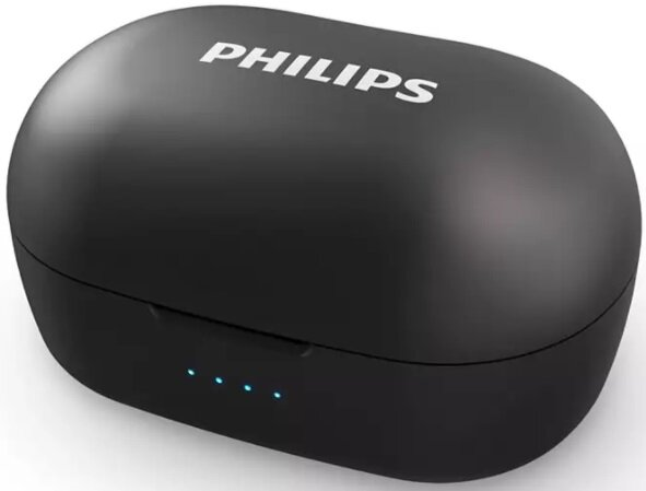 Czarne etui ładujące Philips z marką u góry. Niebieskie światła z przodu.