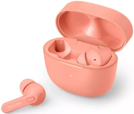 Para różowych słuchawek Philips i ich etui ładujące. Etui jest otwarte, pokazując słuchawki.