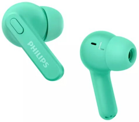 Dwa miętowo-zielone słuchawki Philips. Słuchawki są na białym tle, widoczne jest logo Philips.