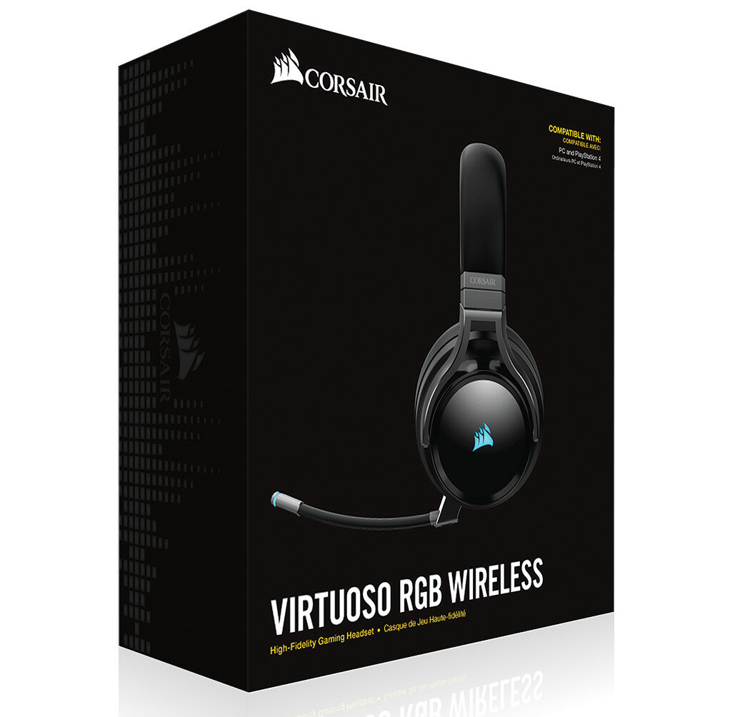 Czarny zestaw słuchawkowy Corsair Virtuoso RGB Wireless w czarnym pudełku.